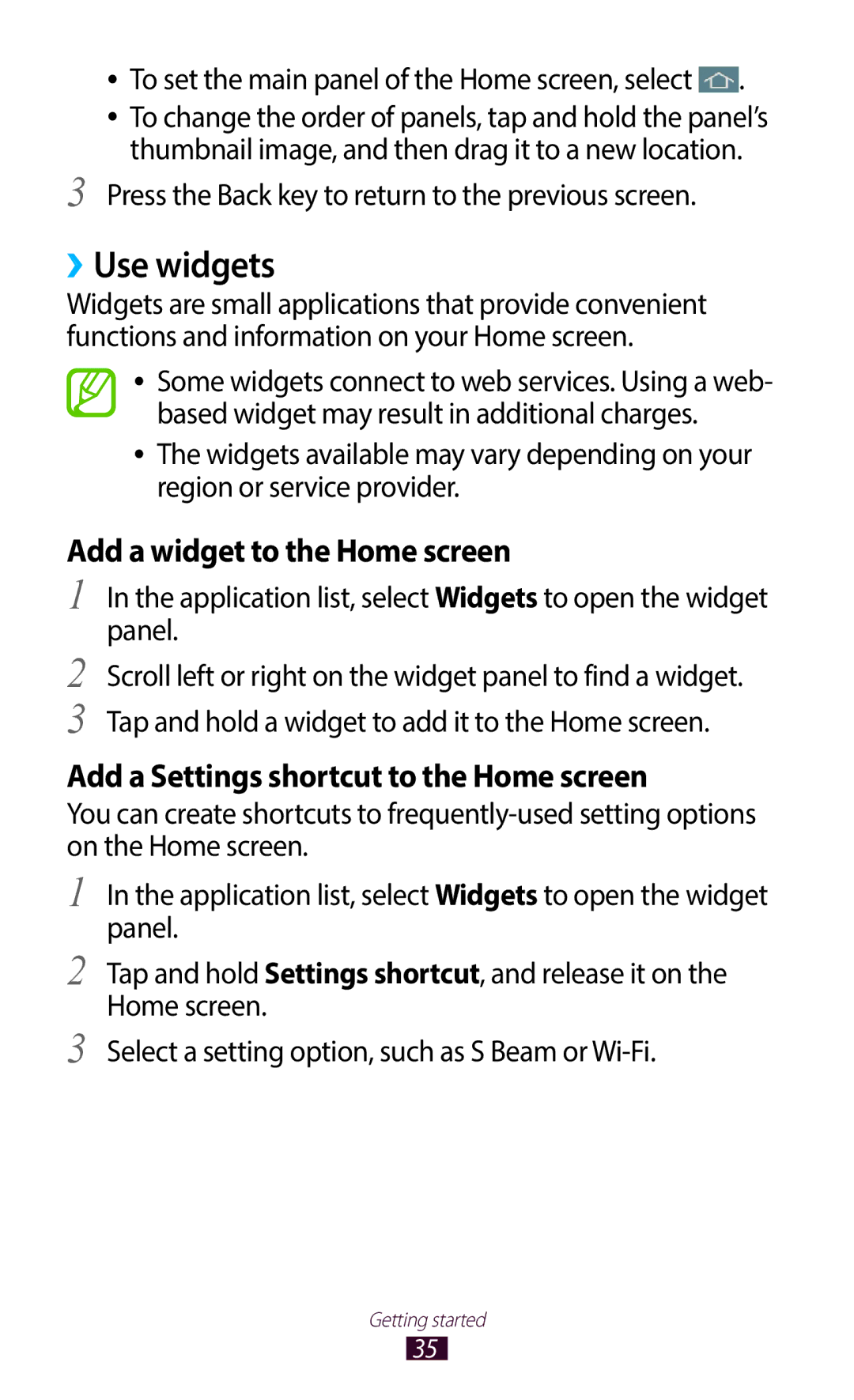 Samsung GT-I9300MBXAFR, GT-I9300MBDXSG, GT-I9300RWAKSA manual ››Use widgets, To set the main panel of the Home screen, select 