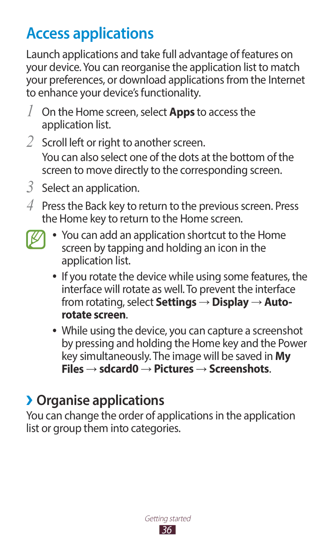 Samsung GT-I9300MBXTHR, GT-I9300MBDXSG, GT-I9300RWAKSA Access applications, ››Organise applications, Select an application 