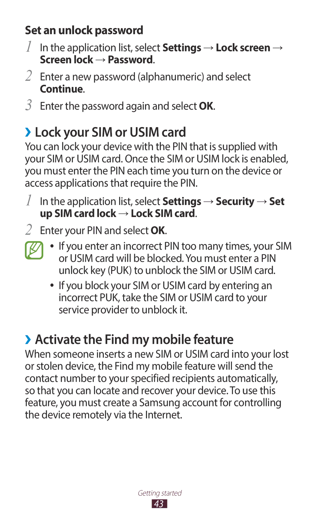 Samsung GT-I9300MBDSKZ manual ››Lock your SIM or Usim card, ››Activate the Find my mobile feature, Screen lock → Password 