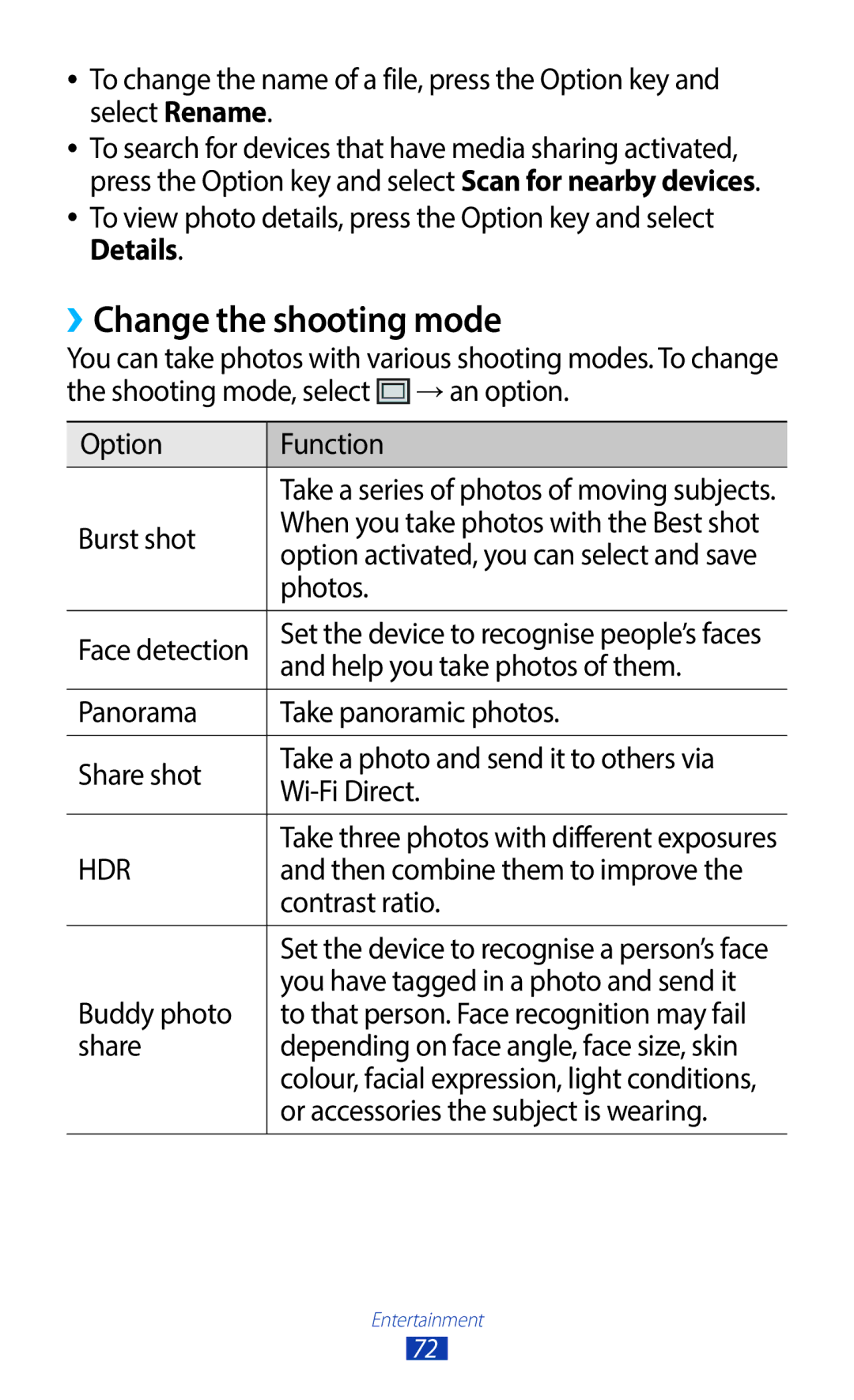 Samsung GT-I9300MBDJED, GT-I9300MBDXSG, GT-I9300RWAKSA, GT-I9300RWDABS, GT-I9300RWDJED manual ››Change the shooting mode 