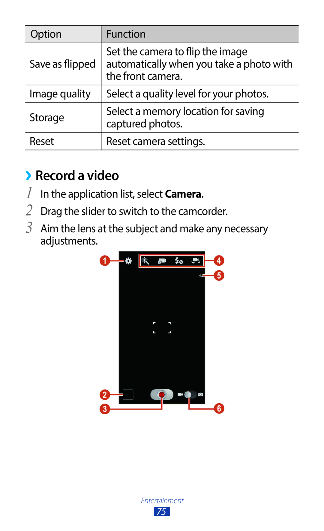 Samsung GT-I9300RWDAFG, GT-I9300MBDXSG ››Record a video, Option Function Set the camera to flip the image, Front camera 