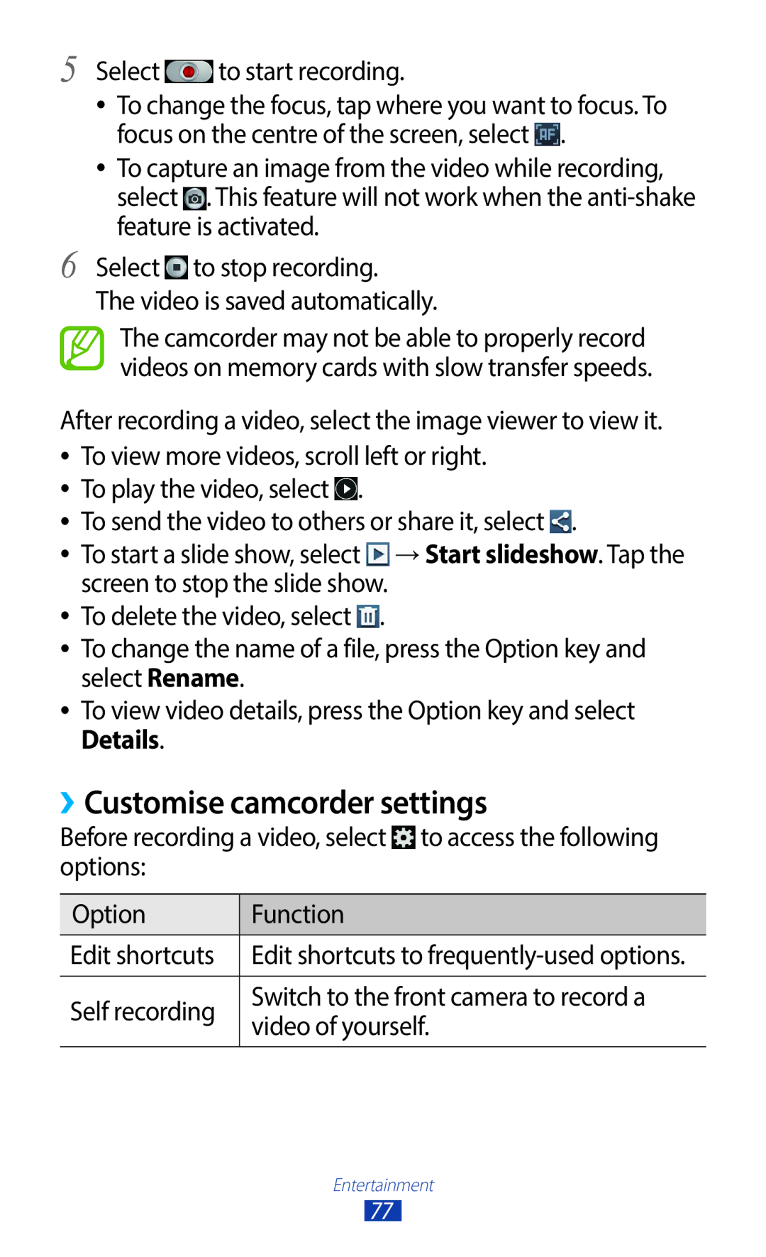 Samsung GT-I9300RWDXSG, GT-I9300MBDXSG, GT-I9300RWAKSA manual ››Customise camcorder settings, Select to start recording 