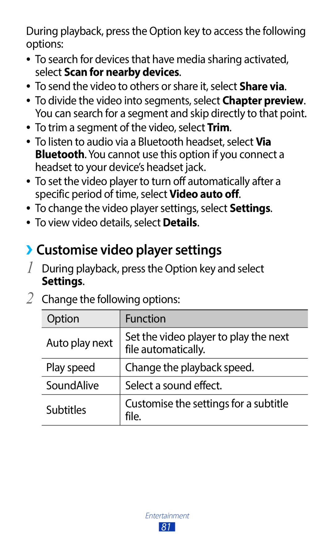 Samsung GT-I9300ZKDJED, GT-I9300MBDXSG, GT-I9300RWAKSA, GT-I9300RWDABS, GT-I9300RWDJED manual ››Customise video player settings 