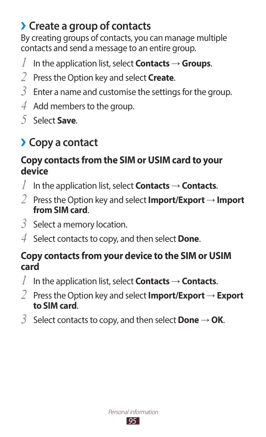 Samsung GT-I9300MBDPTR, GT-I9300MBDXSG manual ››Create a group of contacts, ››Copy a contact, From SIM card, To SIM card 