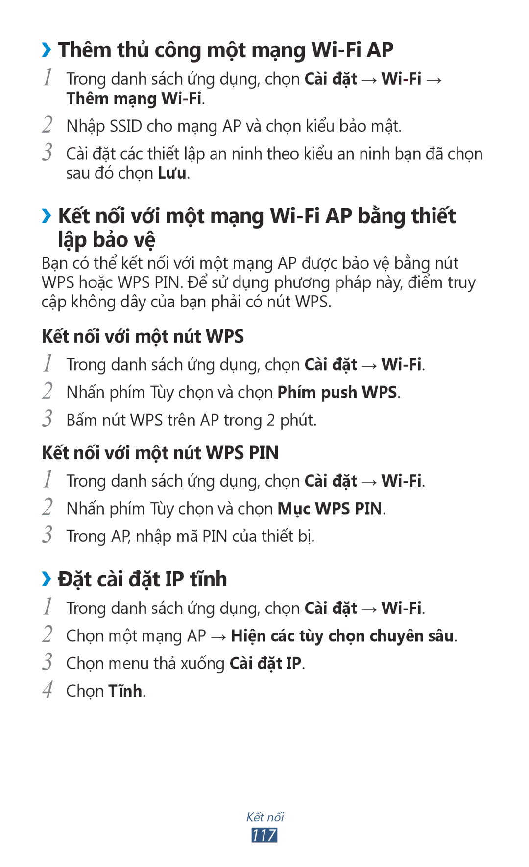 Samsung GT-I9300RWDXXV manual ››Thêm thủ công một mạng Wi-Fi AP, ››Kế́t nối với một mạng Wi-Fi AP bằng thiế́t lập bả̉o vệ 