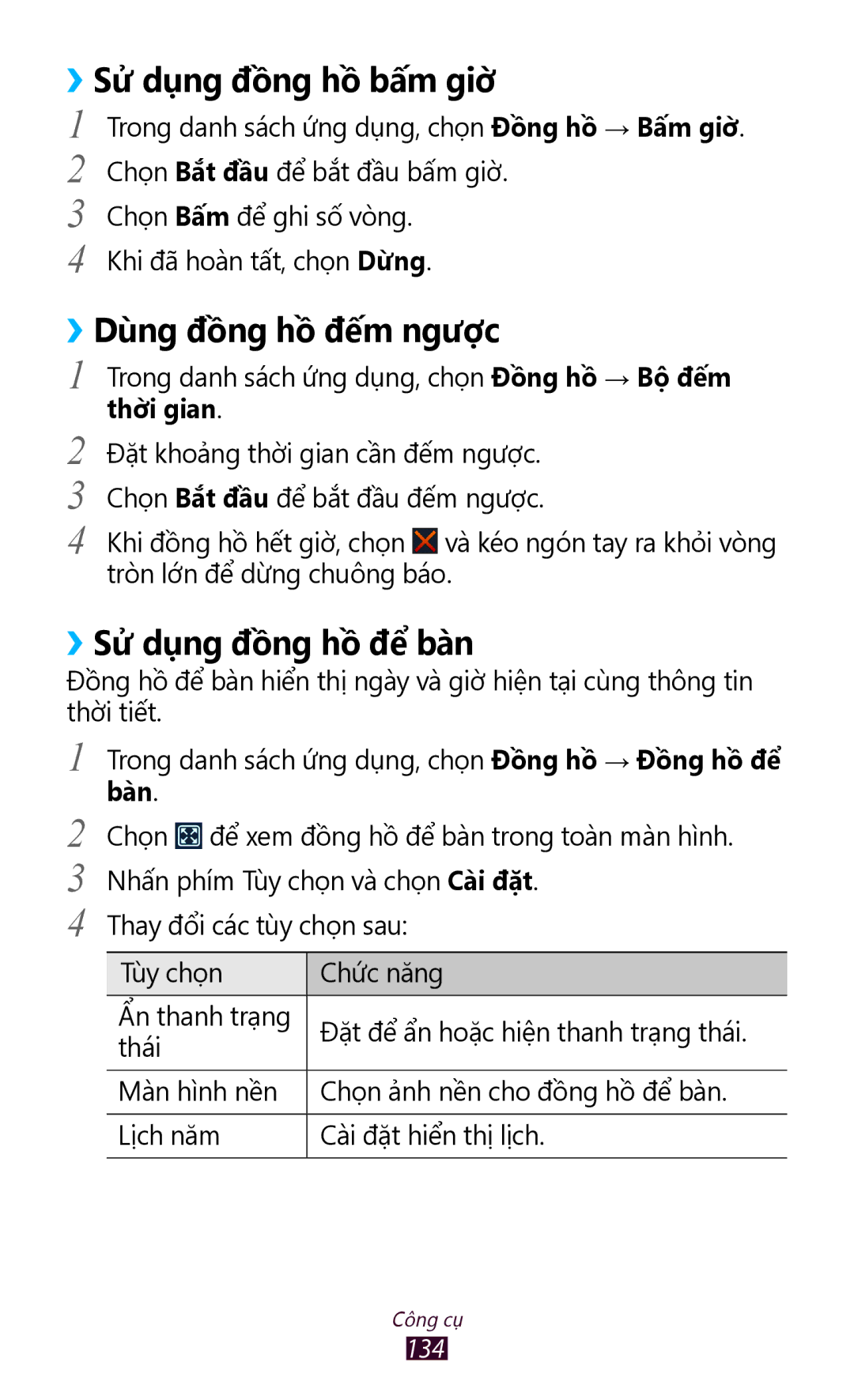 Samsung GT-I9300MBDXEV, GT-I9300MBDXXV manual ››Sử dụng đồng hồ bấm giờ, ››Dùng đồng hồ đế́m ngược, ››Sử dụng đồng hồ để bàn 