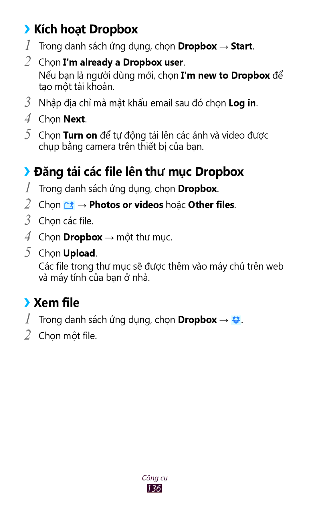 Samsung GT-I9300OKDXXV, GT-I9300MBDXXV manual ››Kích hoạt Dropbox, ››Đăng tả̉i các file lên thư mục Dropbox, ››Xem file 