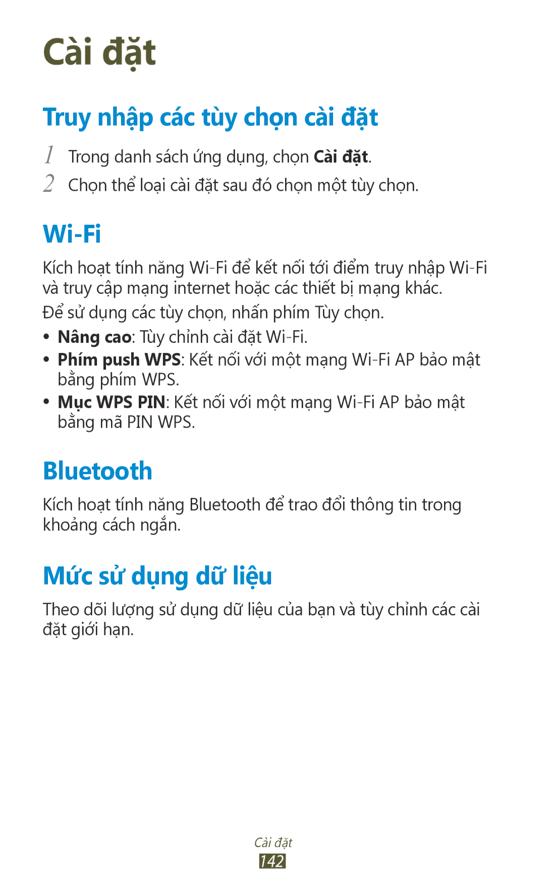 Samsung GT-I9300RWXXEV, GT-I9300MBDXXV, GT-I9300MBXXEV, GT-I9300ZKDXXV Truy nhập các tùy chọn cài đặt, Mưc sử dụng dữ liệu 