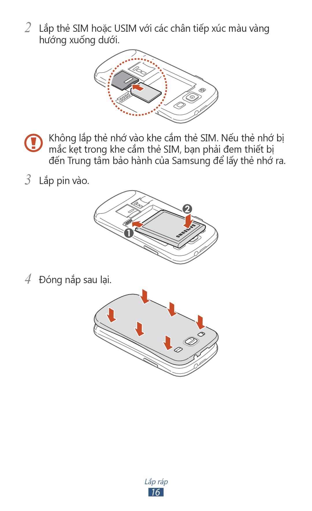 Samsung GT-I9300OKDXXV, GT-I9300MBDXXV, GT-I9300MBXXEV, GT-I9300RWXXEV, GT-I9300ZKDXXV manual Lắp pin vào Đóng nắp sau lại 