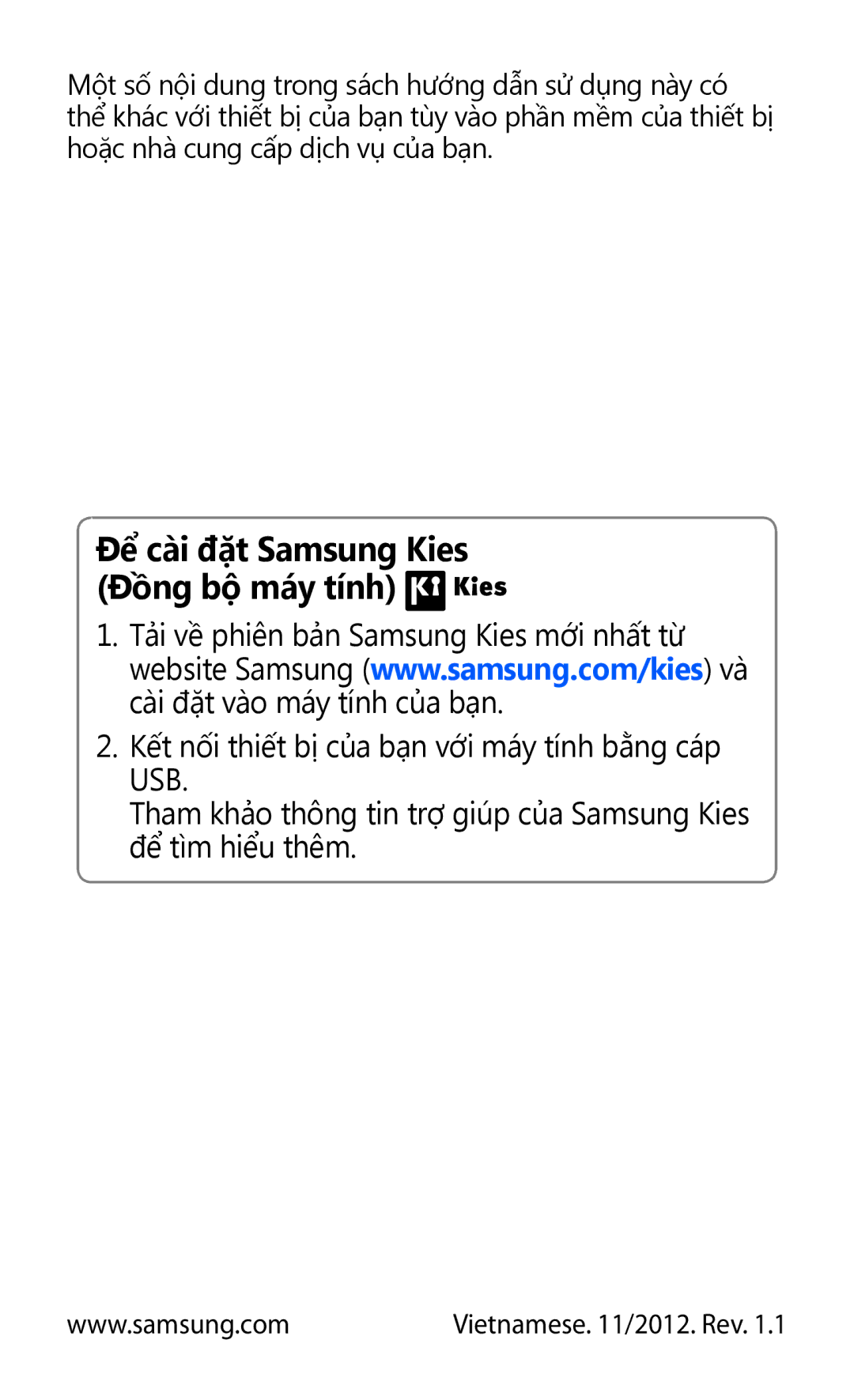 Samsung GT-I9300MBDXXV, GT-I9300MBXXEV, GT-I9300RWXXEV, GT-I9300ZKDXXV manual Để cài đặt Samsung Kies Đồng bộ máy tính 