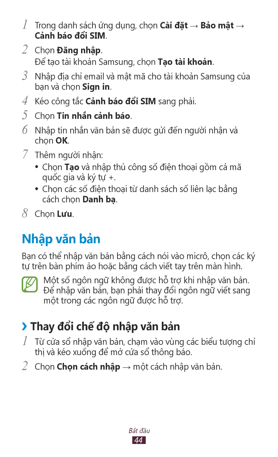 Samsung GT-I9300MBDXEV manual Nhập văn bả̉n, ››Thay đổi chế́ độ nhập văn bả̉n, Chọn Đăng nhập, Chọn Tin nhắn cả̉nh báo 
