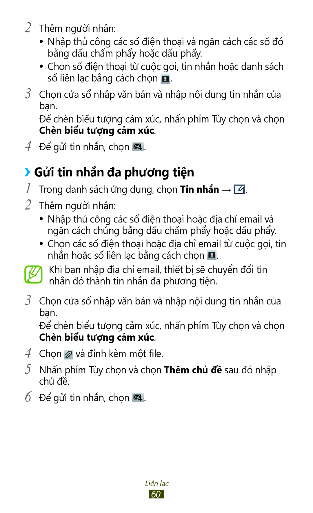 Samsung GT-I9300MBDXXV manual ››Gửi tin nhắn đa phương tiện, Trong danh sách ứng dụng, chọn Tin nhắn → Thêm người nhận 