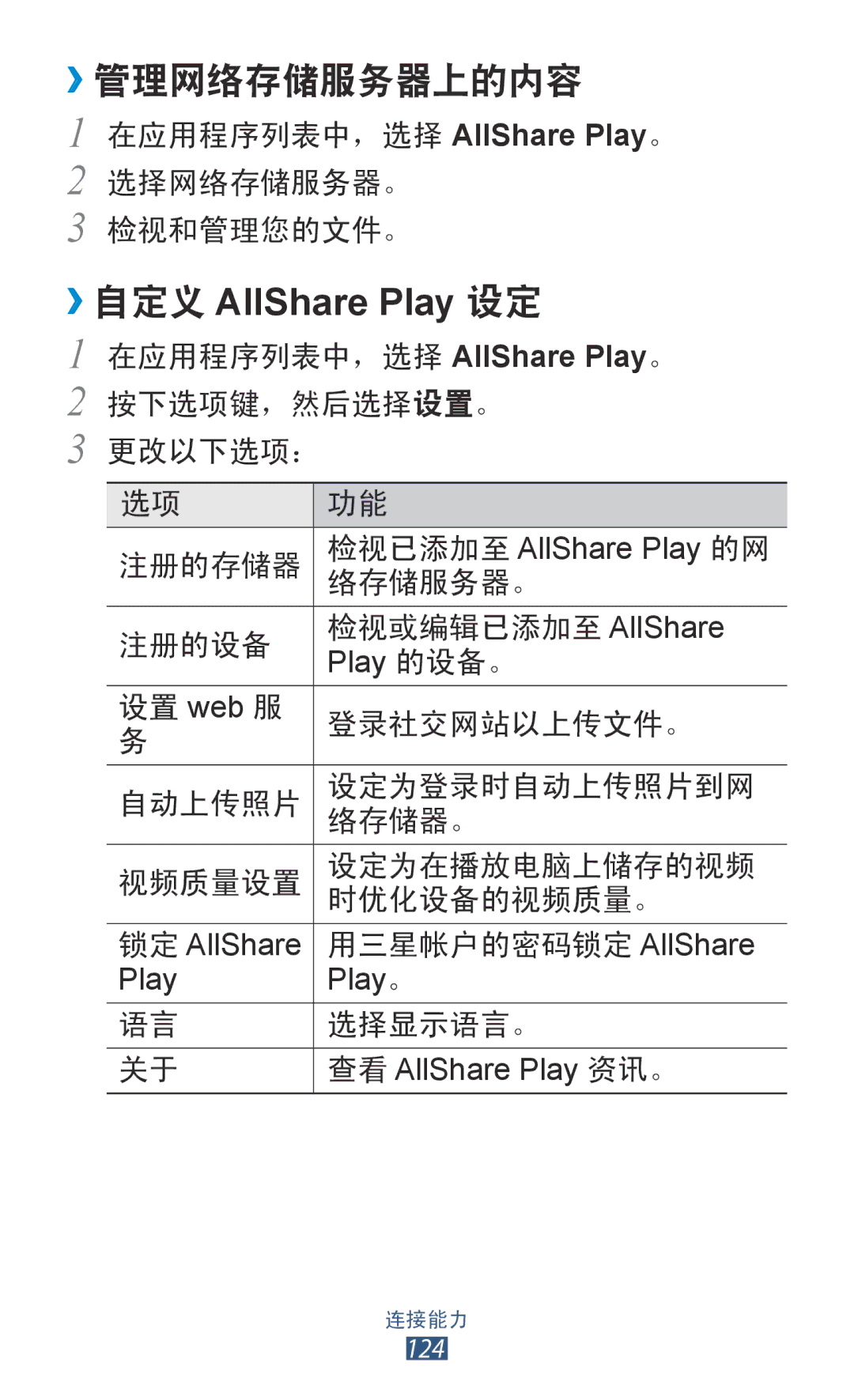 Samsung GT-I9300MBDXEV, GT-I9300MBDXXV, GT-I9300MBXXEV, GT-I9300RWXXEV manual ››管理网络存储服务器上的内容, ››自定义 AllShare Play 设定 