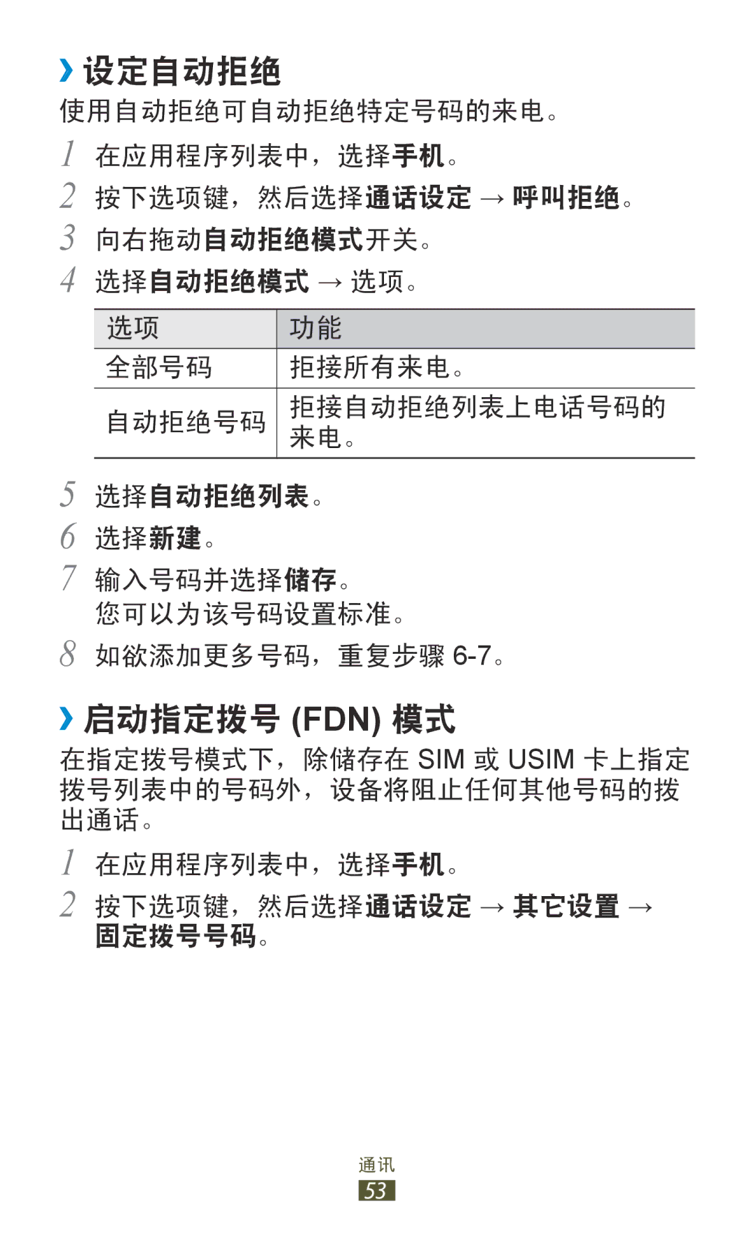 Samsung GT-I9300ZKDXXV, GT-I9300MBDXXV, GT-I9300MBXXEV, GT-I9300RWXXEV, GT-I9300MBDXEV manual ››设定自动拒绝, ››启动指定拨号 Fdn 模式 