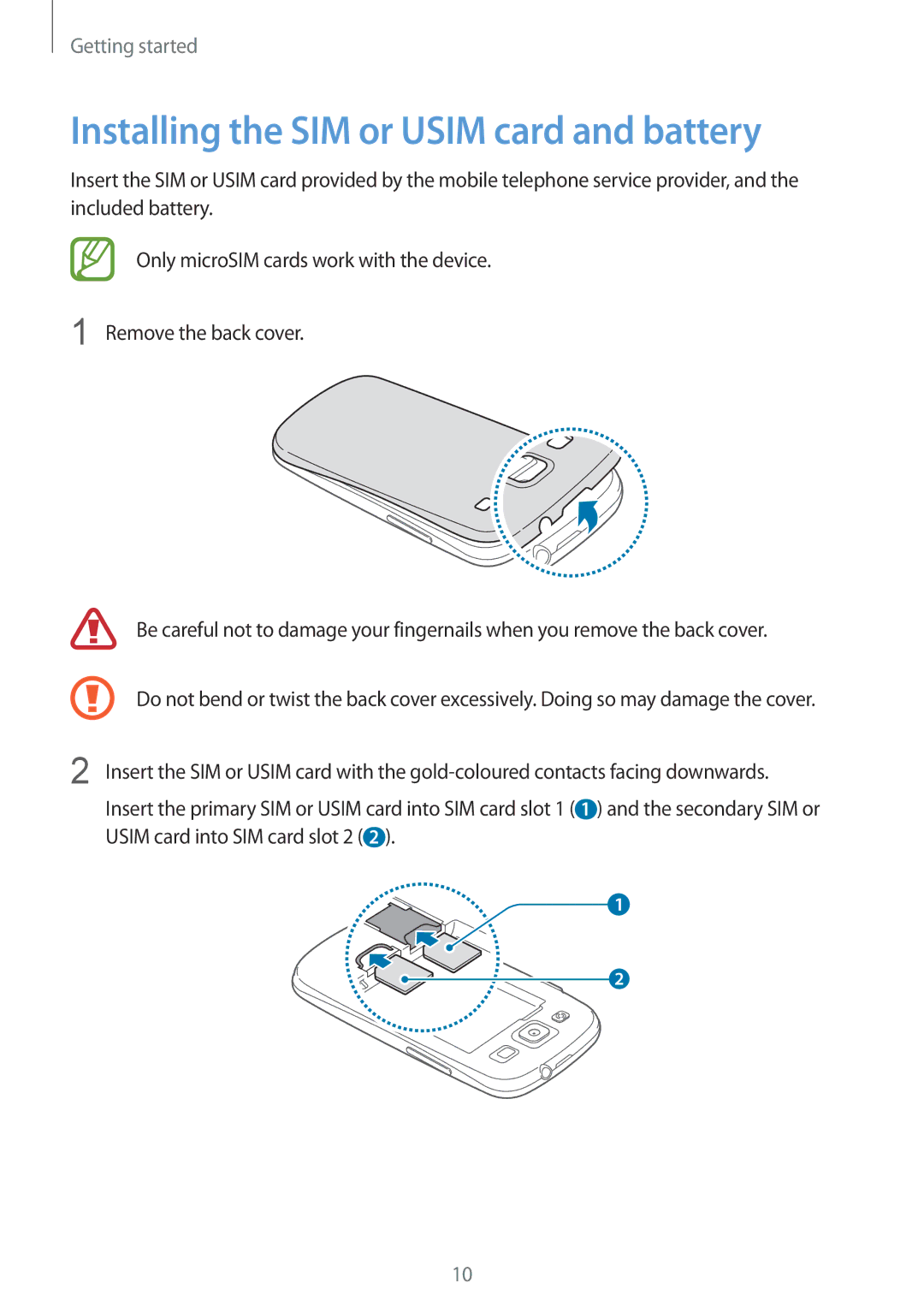 Samsung GT-I9300MBIACR, GT-I9300MBIPAK, GT-I9300RWIKSA, GT-I9300MBIBTC manual Installing the SIM or Usim card and battery 