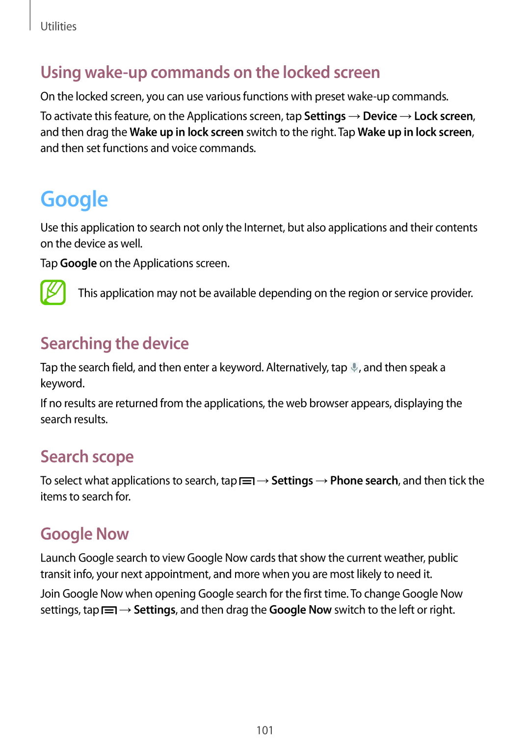 Samsung GT-I9300RWITMC Using wake-up commands on the locked screen, Searching the device, Search scope, Google Now 