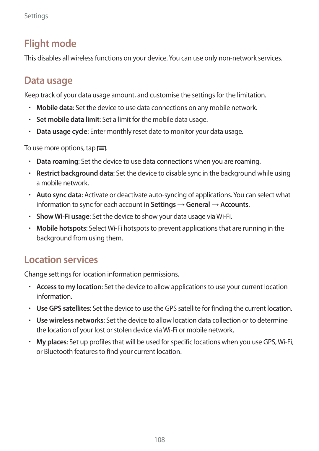 Samsung GT-I9300RWIMID, GT-I9300MBIPAK, GT-I9300RWIKSA, GT-I9300MBIBTC manual Flight mode, Data usage, Location services 