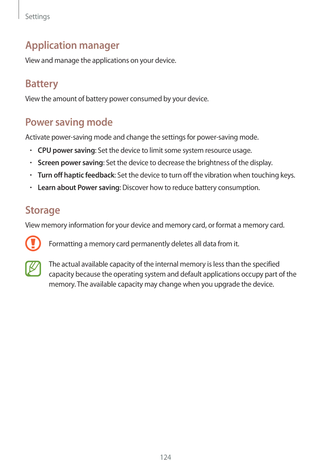 Samsung GT-I9300RWICAC, GT-I9300MBIPAK, GT-I9300RWIKSA manual Application manager, Battery, Power saving mode, Storage 