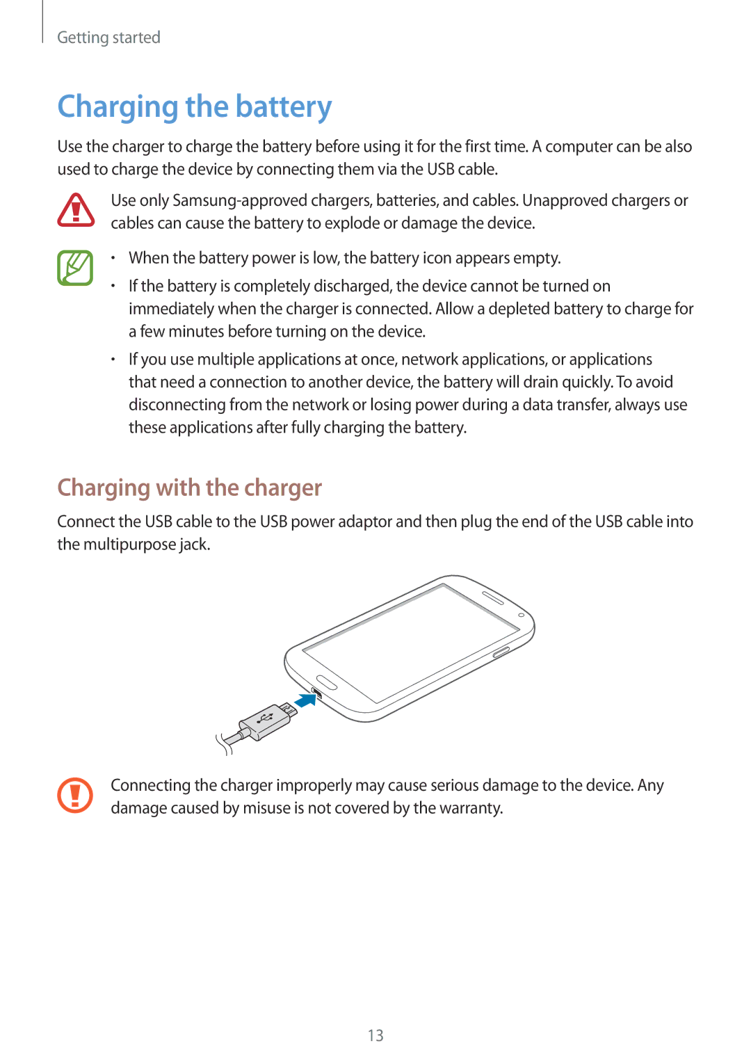 Samsung GT-I9300MBITMC, GT-I9300MBIPAK, GT-I9300RWIKSA, GT-I9300MBIBTC manual Charging the battery, Charging with the charger 