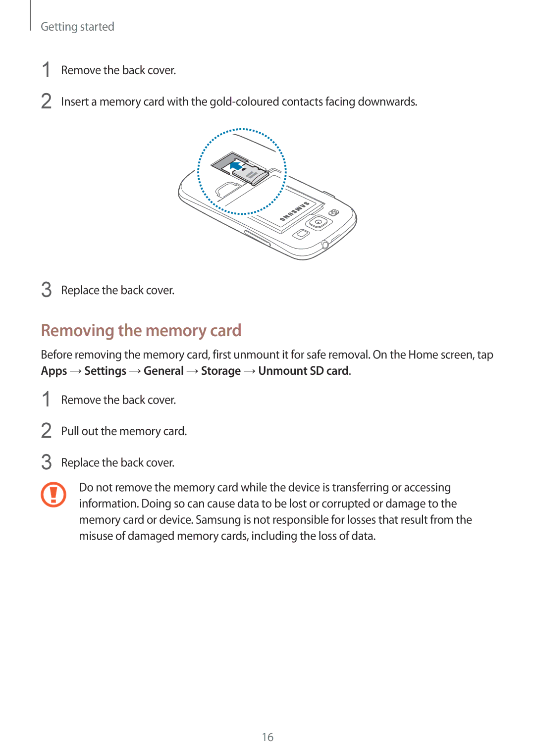 Samsung GT-I9300OKIMID, GT-I9300MBIPAK, GT-I9300RWIKSA, GT-I9300MBIBTC, GT-I9300OKITHR manual Removing the memory card 