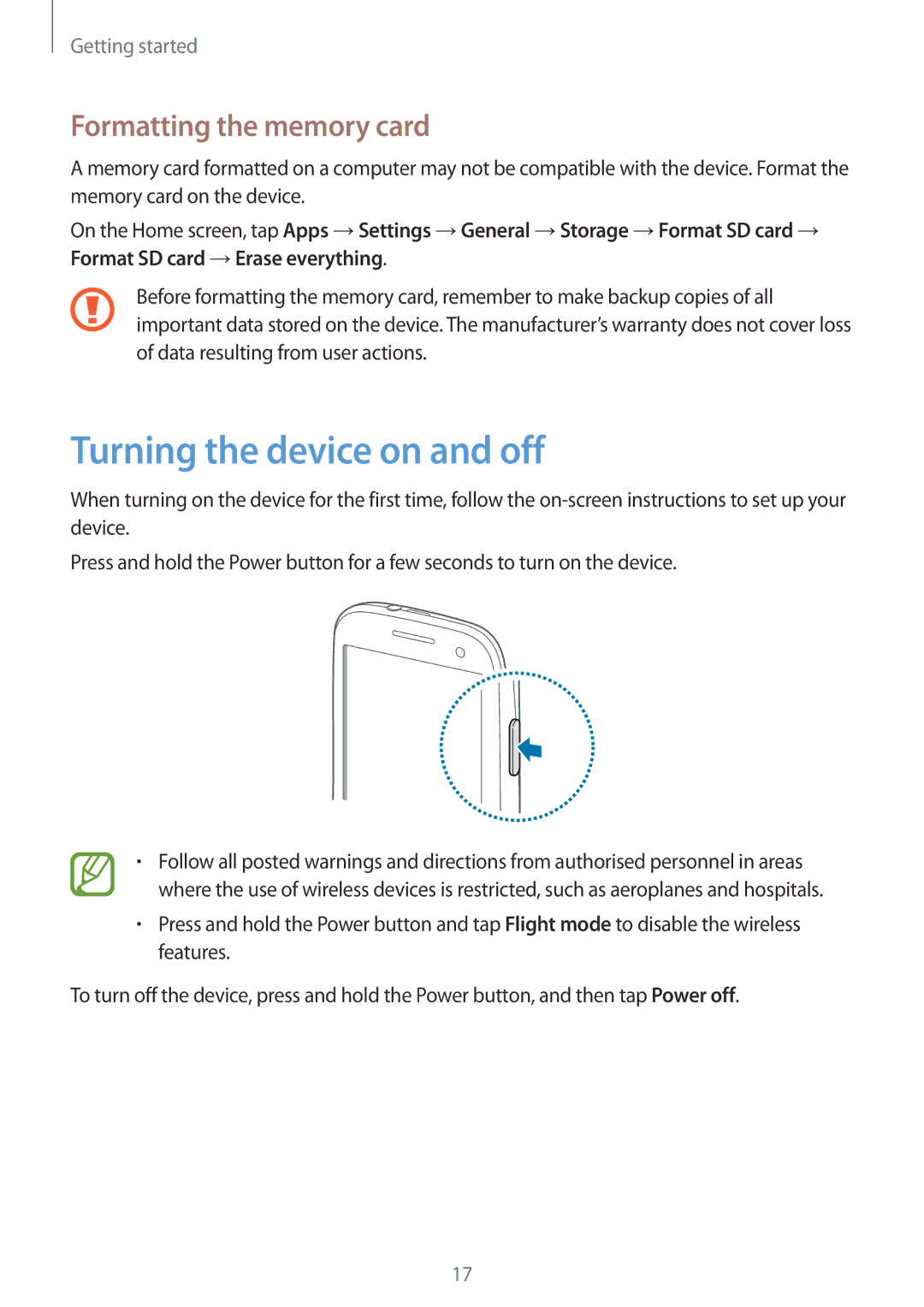 Samsung GT-I9300OKITUN, GT-I9300MBIPAK, GT-I9300RWIKSA manual Turning the device on and off, Formatting the memory card 