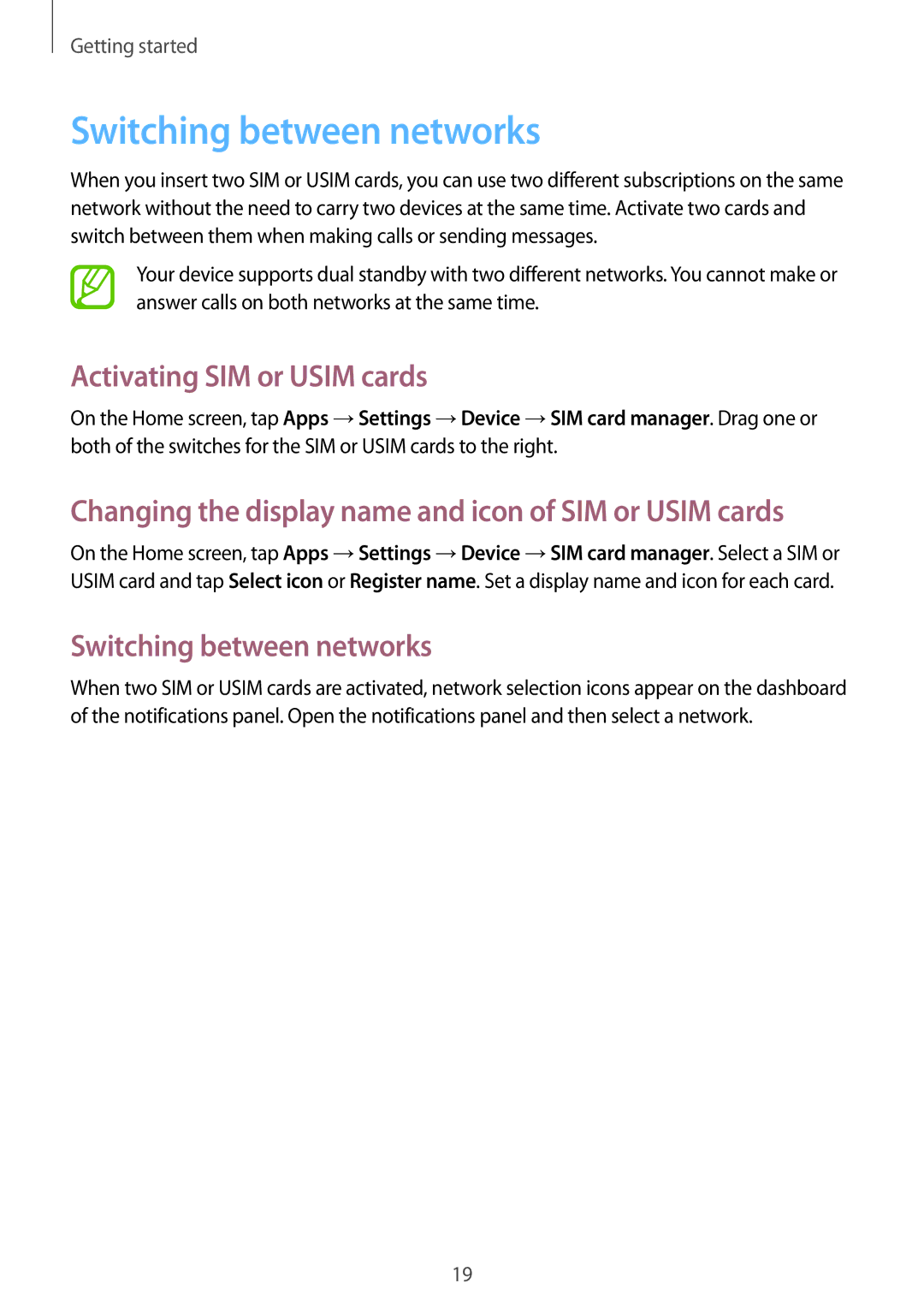 Samsung GT-I9300RWITUN, GT-I9300MBIPAK, GT-I9300RWIKSA manual Switching between networks, Activating SIM or Usim cards 