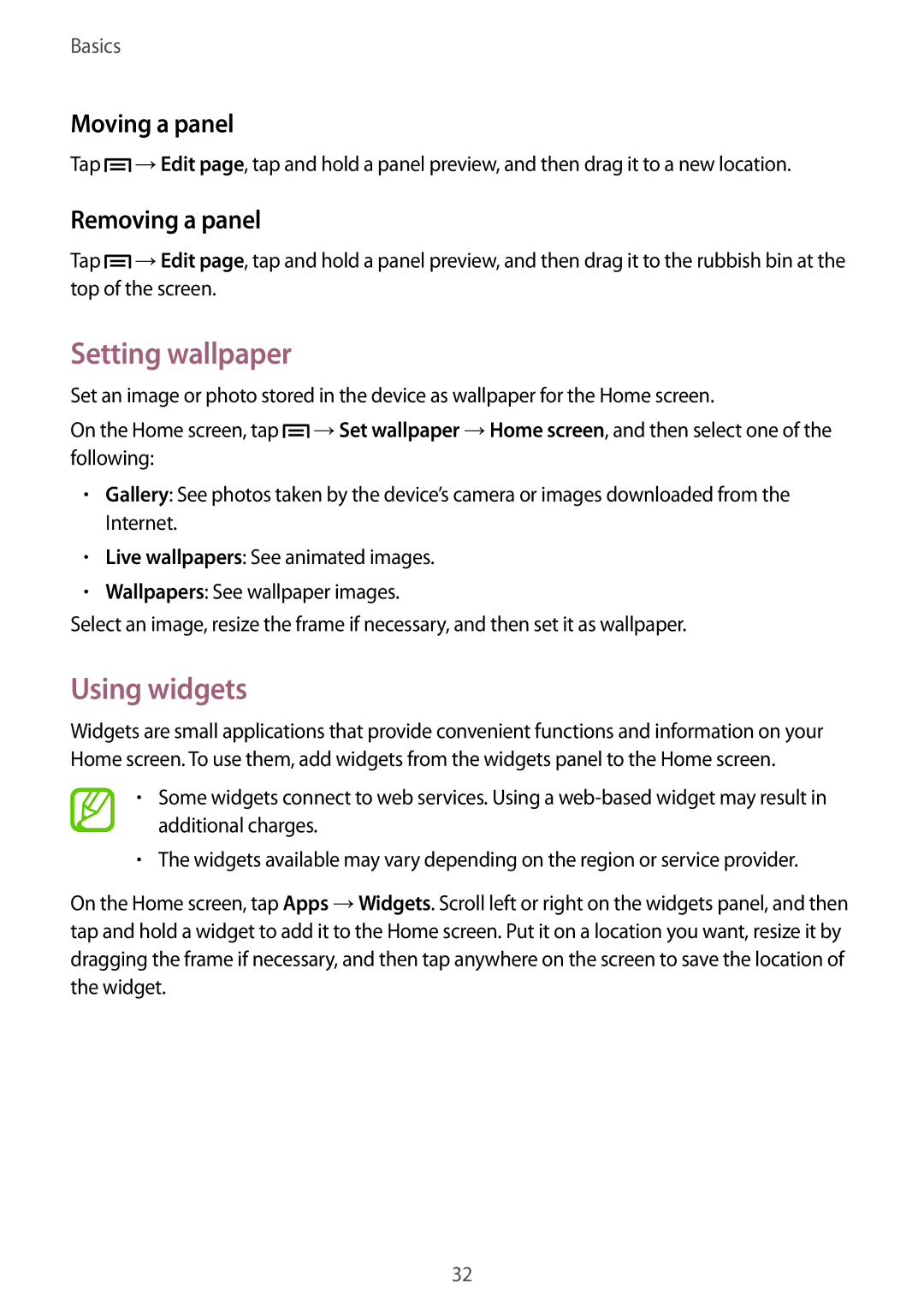 Samsung GT-I9300RWIAFG, GT-I9300MBIPAK, GT-I9300RWIKSA Setting wallpaper, Using widgets, Moving a panel, Removing a panel 