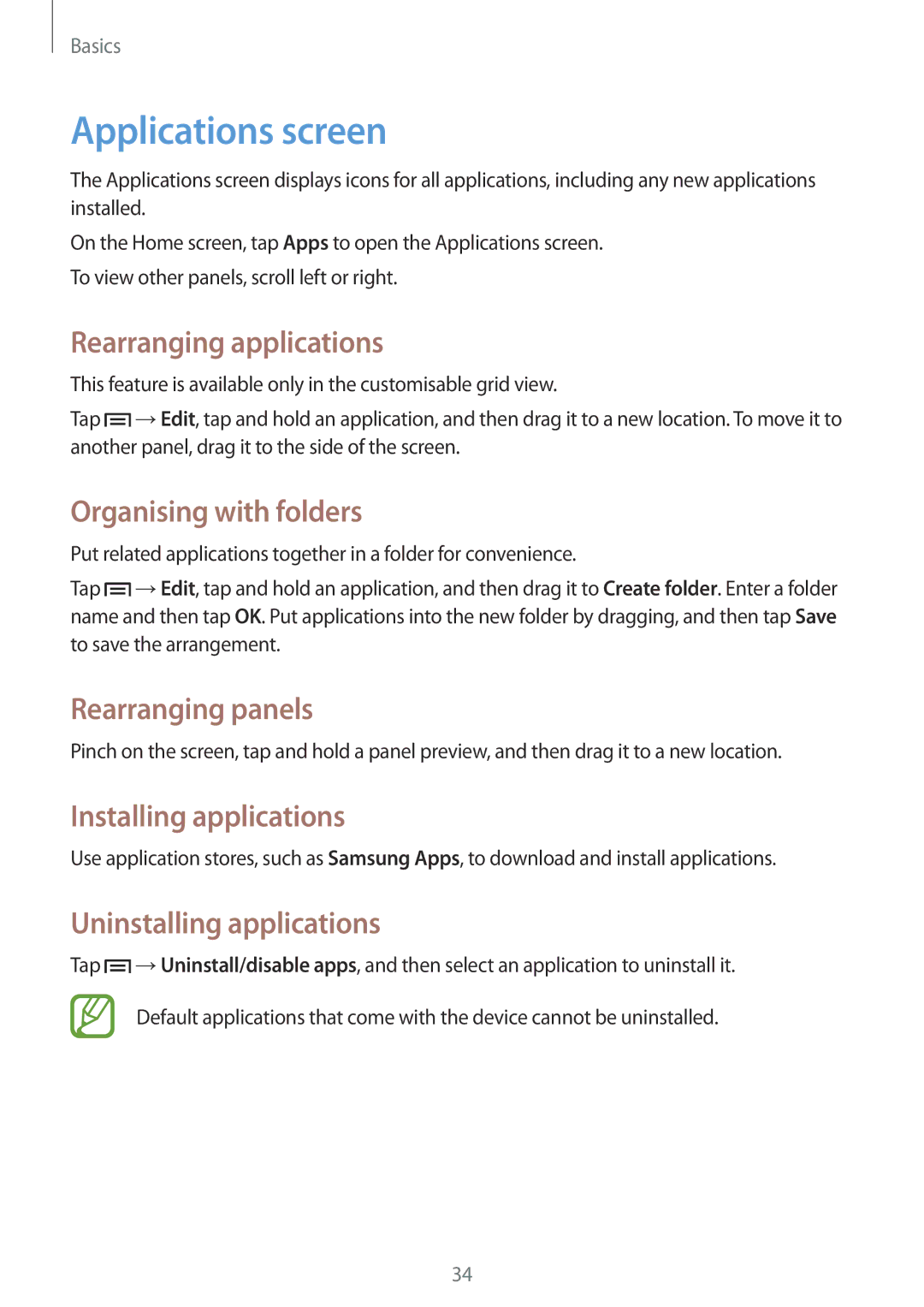 Samsung GT-I9300MBIPAK Applications screen, Rearranging applications, Organising with folders, Installing applications 