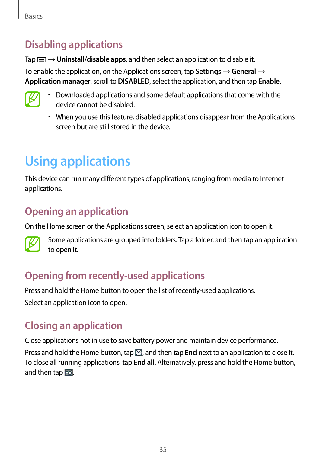 Samsung GT-I9300RWIKSA manual Using applications, Disabling applications, Opening an application, Closing an application 