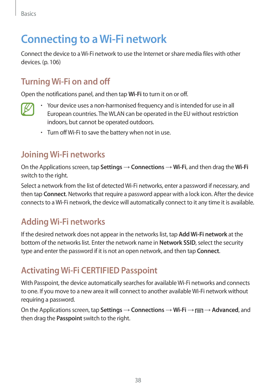 Samsung GT-I9300RWIACR, GT-I9300MBIPAK Connecting to a Wi-Fi network, Turning Wi-Fi on and off, Joining Wi-Fi networks 