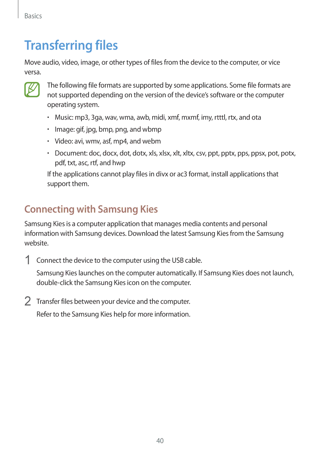 Samsung GT-I9300RWIMID, GT-I9300MBIPAK, GT-I9300RWIKSA, GT-I9300MBIBTC manual Transferring files, Connecting with Samsung Kies 