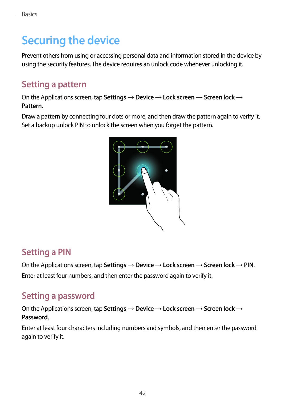 Samsung GT-I9300MBIMID, GT-I9300MBIPAK manual Securing the device, Setting a pattern, Setting a PIN, Setting a password 