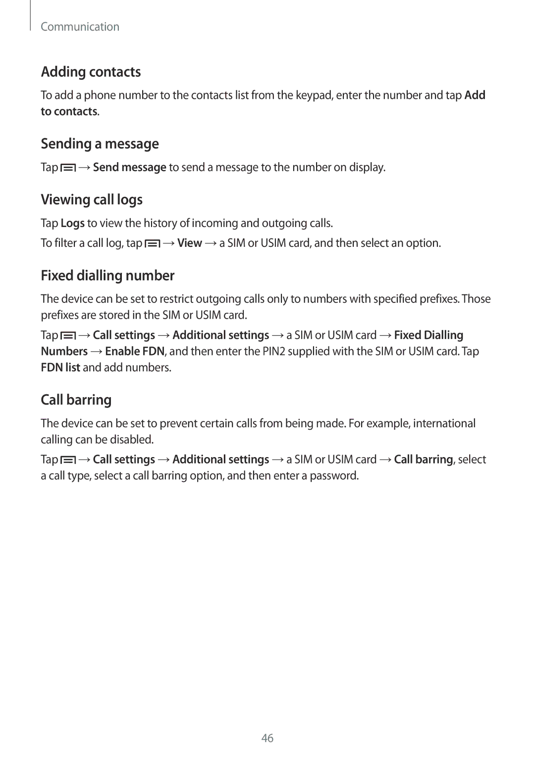 Samsung GT-I9300RWIXSG manual Adding contacts, Sending a message, Viewing call logs, Fixed dialling number, Call barring 