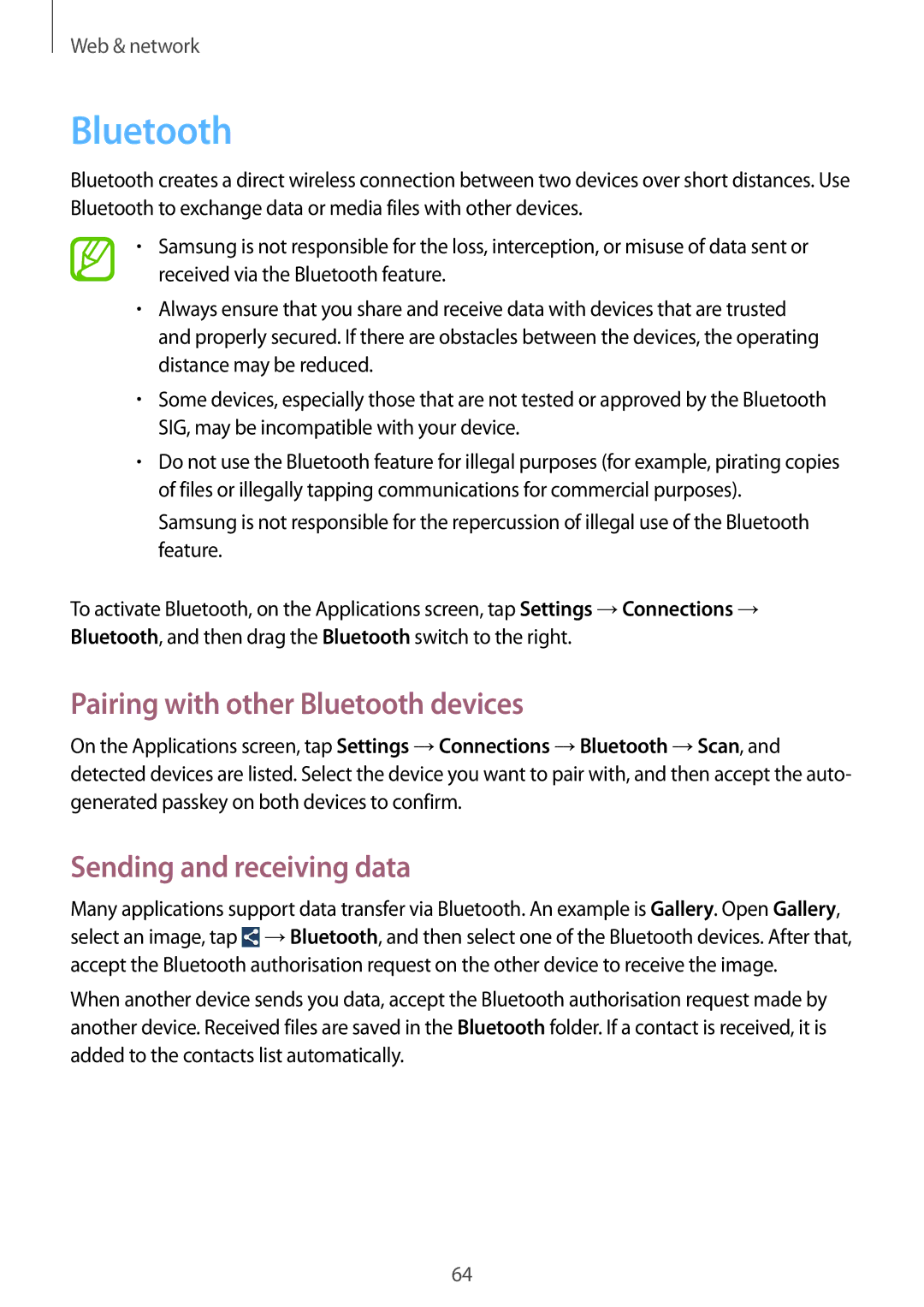 Samsung GT-I9300MBIAFG, GT-I9300MBIPAK, GT-I9300RWIKSA Pairing with other Bluetooth devices, Sending and receiving data 