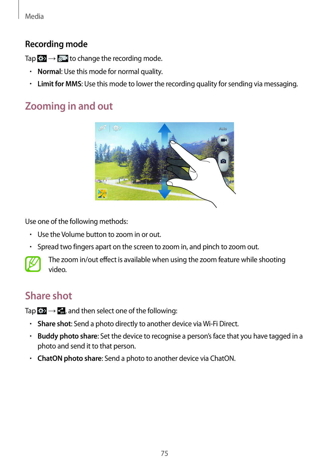 Samsung GT-I9300RWIPAK, GT-I9300MBIPAK, GT-I9300RWIKSA, GT-I9300MBIBTC manual Zooming in and out, Share shot, Recording mode 