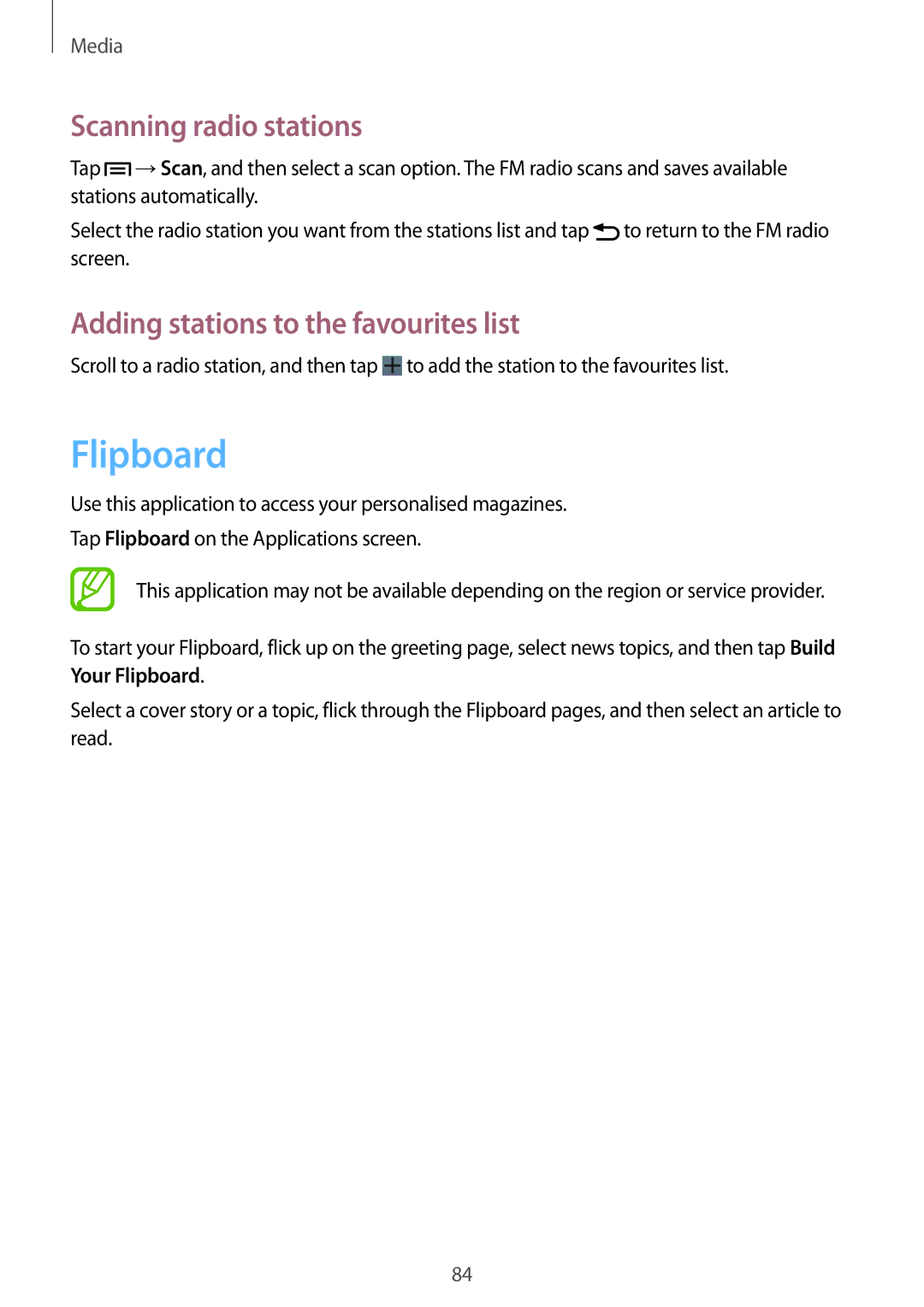 Samsung GT-I9300OKIMID, GT-I9300MBIPAK manual Flipboard, Scanning radio stations, Adding stations to the favourites list 