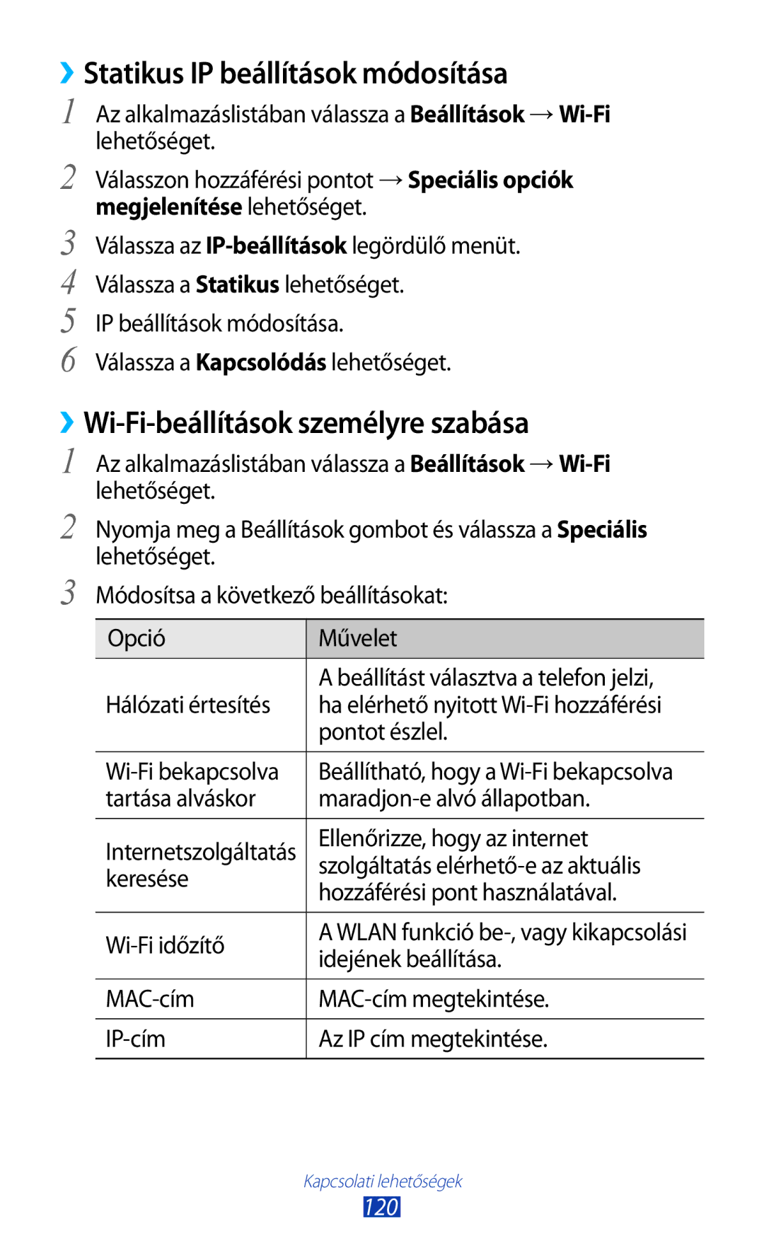 Samsung GT-I9300TADTMH, GT-I9300RWADBT ››Statikus IP beállítások módosítása, ››Wi-Fi-beállítások személyre szabása, 120 