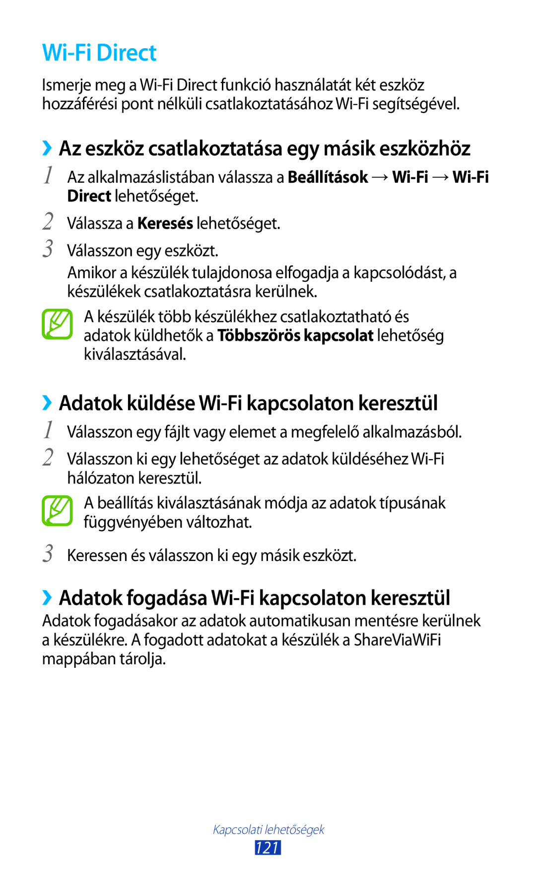 Samsung GT-I9300ZNDVDH, GT-I9300RWADBT, GT-I9300MBDEUR manual Wi-Fi Direct, ››Adatok küldése Wi-Fi kapcsolaton keresztül, 121 