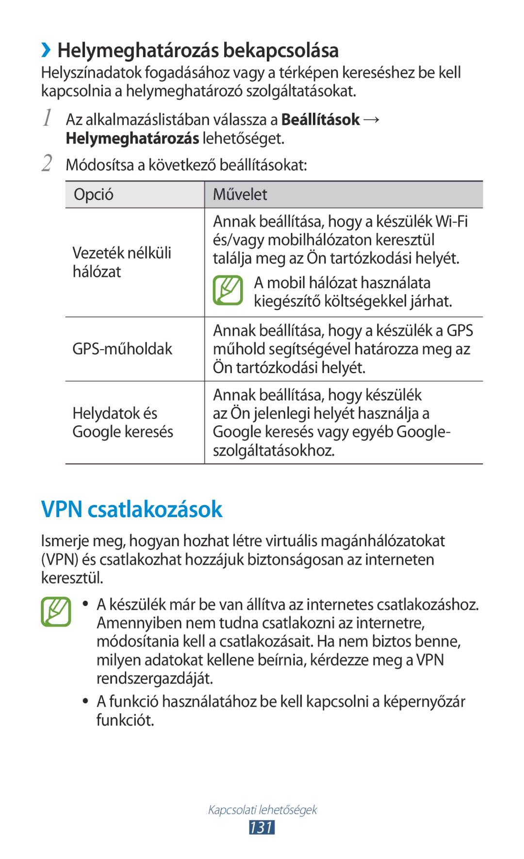 Samsung GT-I9300RWDEUR, GT-I9300RWADBT, GT-I9300MBDEUR manual VPN csatlakozások, ››Helymeghatározás bekapcsolása, 131 