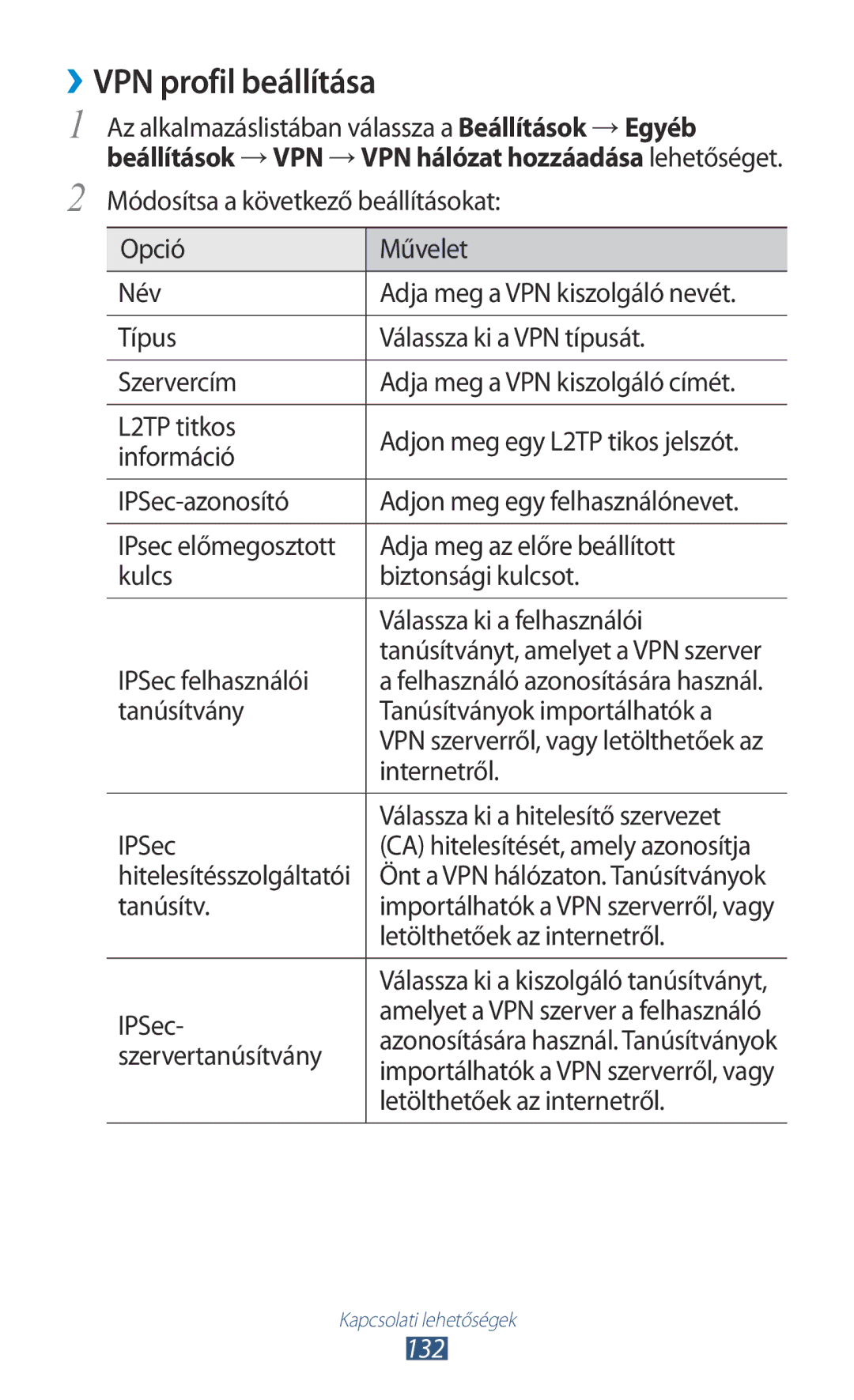 Samsung GT-I9300RWDATO, GT-I9300RWADBT, GT-I9300MBDEUR, GT-I9300MBDATO, GT-I9300MBDEPL manual ››VPN profil beállítása, 132 