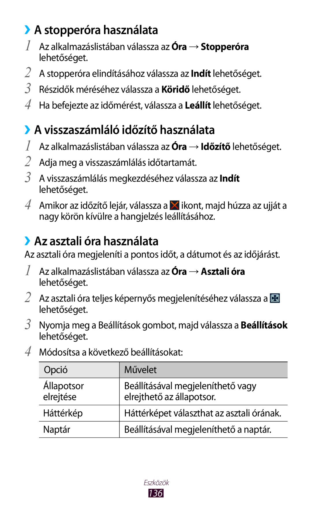 Samsung GT-I9300MBDDBT ››A stopperóra használata, ››A visszaszámláló időzítő használata, ››Az asztali óra használata, 136 