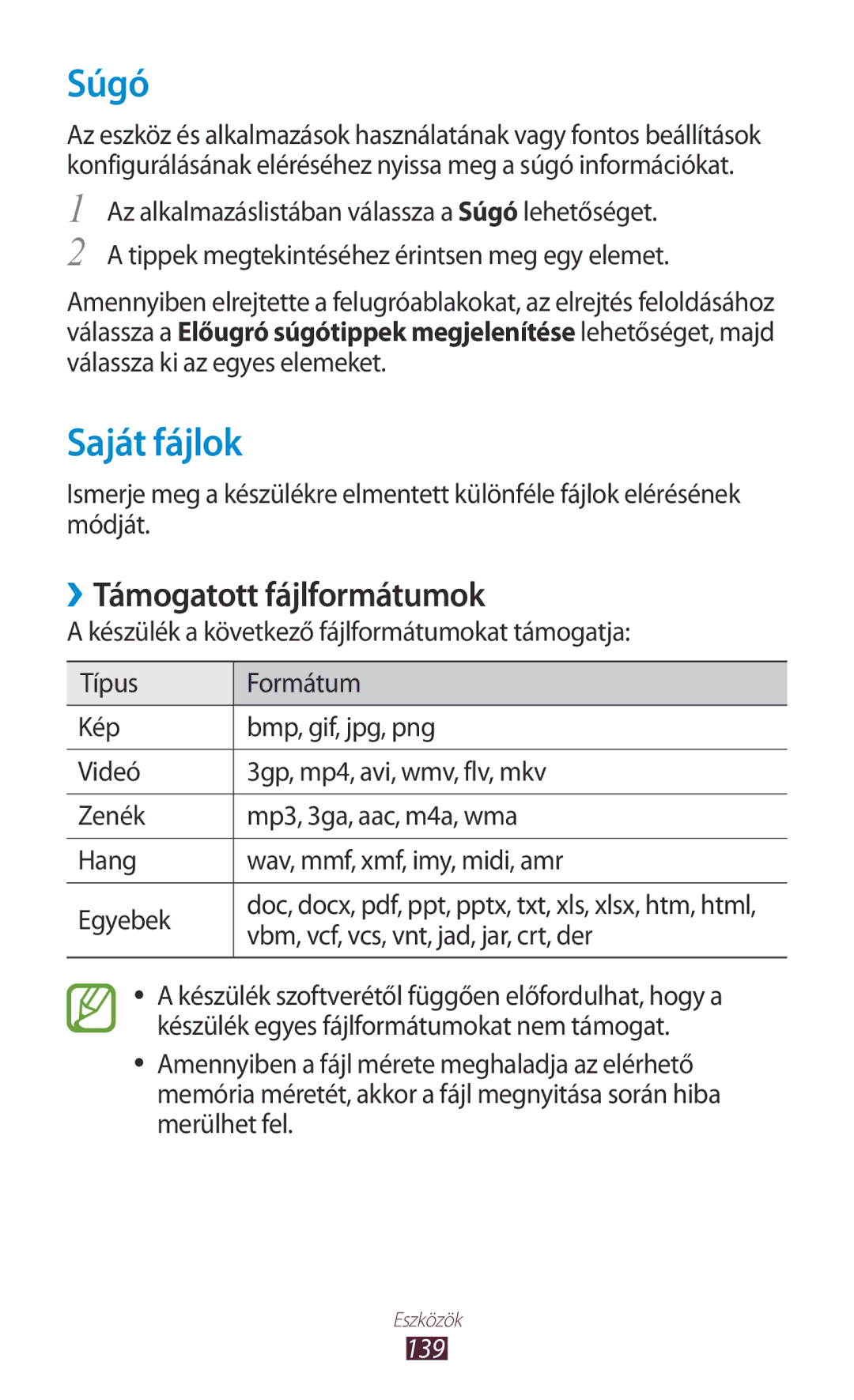 Samsung GT-I9300RWDCOS, GT-I9300RWADBT, GT-I9300MBDEUR, GT-I9300MBDATO Súgó, Saját fájlok, ››Támogatott fájlformátumok, 139 
