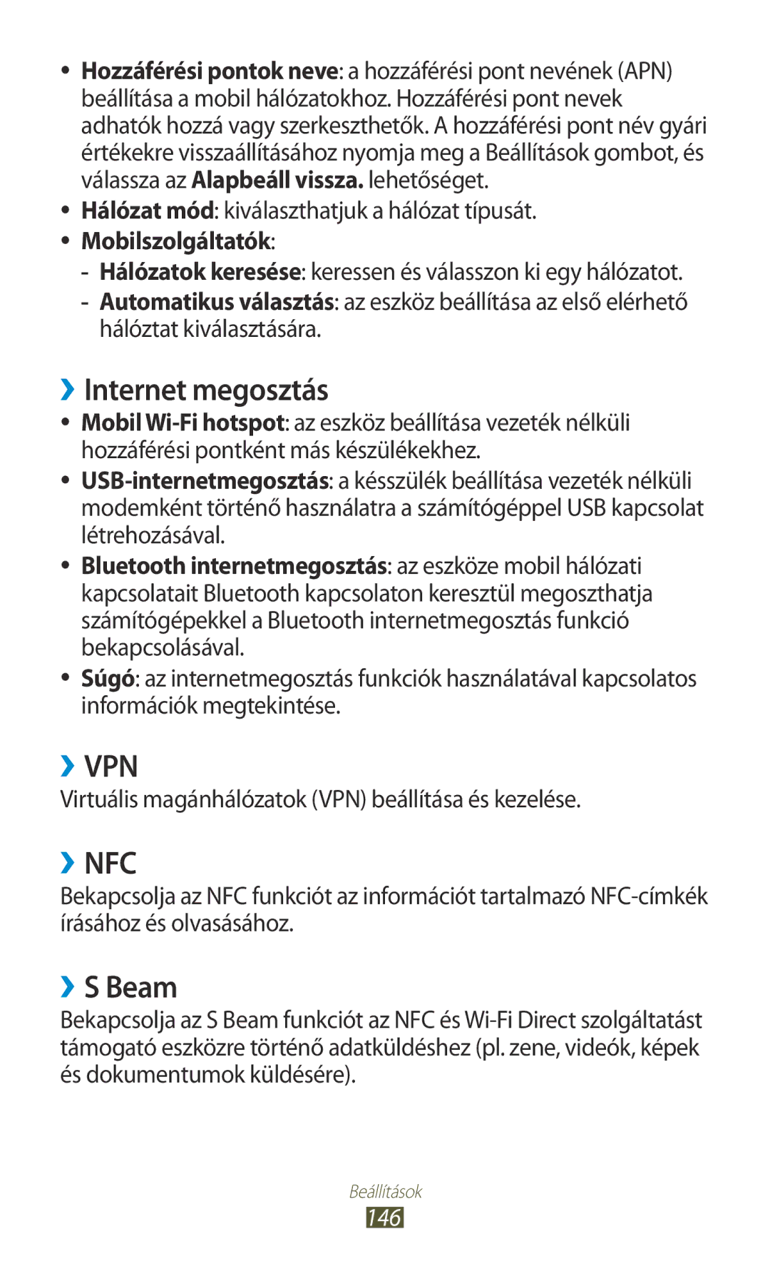 Samsung GT-I9300OKDPAN manual ››Internet megosztás, ››S Beam, Virtuális magánhálózatok VPN beállítása és kezelése, 146 