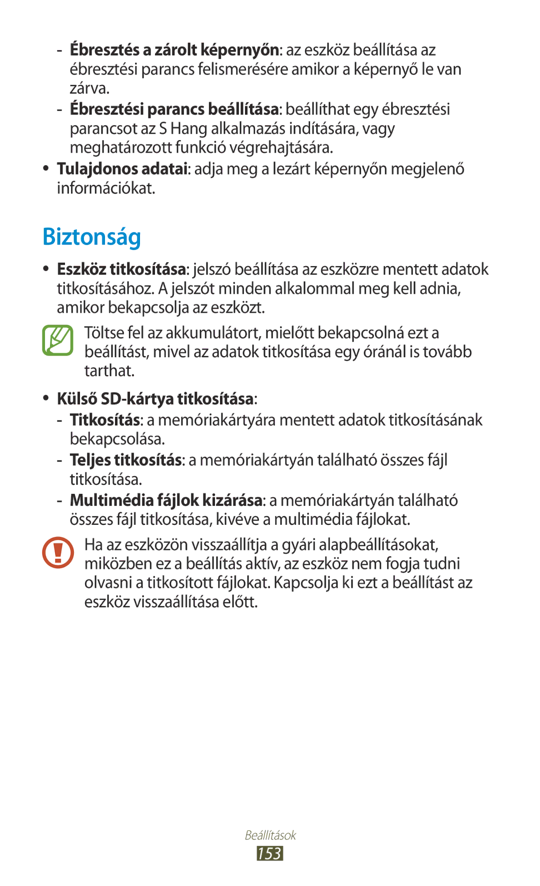 Samsung GT-I9300RWDCOA, GT-I9300RWADBT, GT-I9300MBDEUR, GT-I9300MBDATO manual Biztonság, Külső SD-kártya titkosítása, 153 