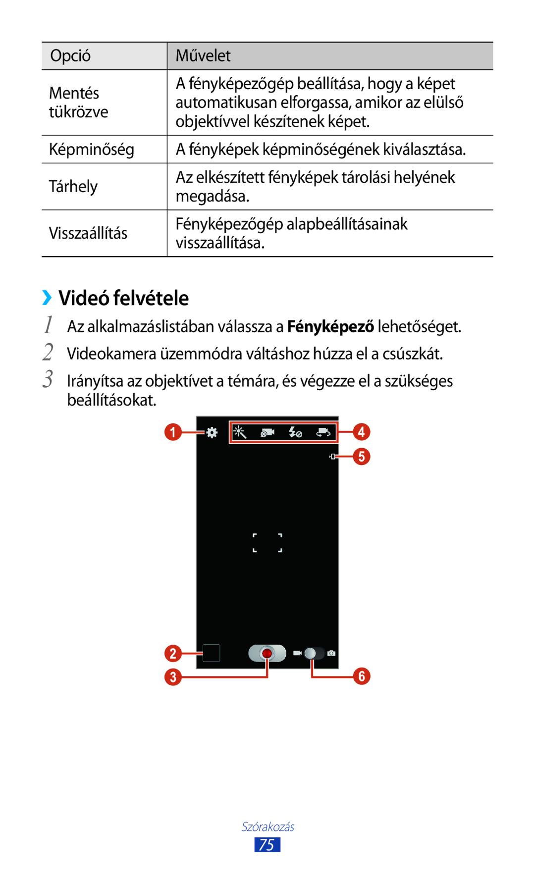 Samsung GT-I9300ZNDCNX manual ››Videó felvétele, Opció Művelet Mentés, Tükrözve, Objektívvel készítenek képet, Képminőség 