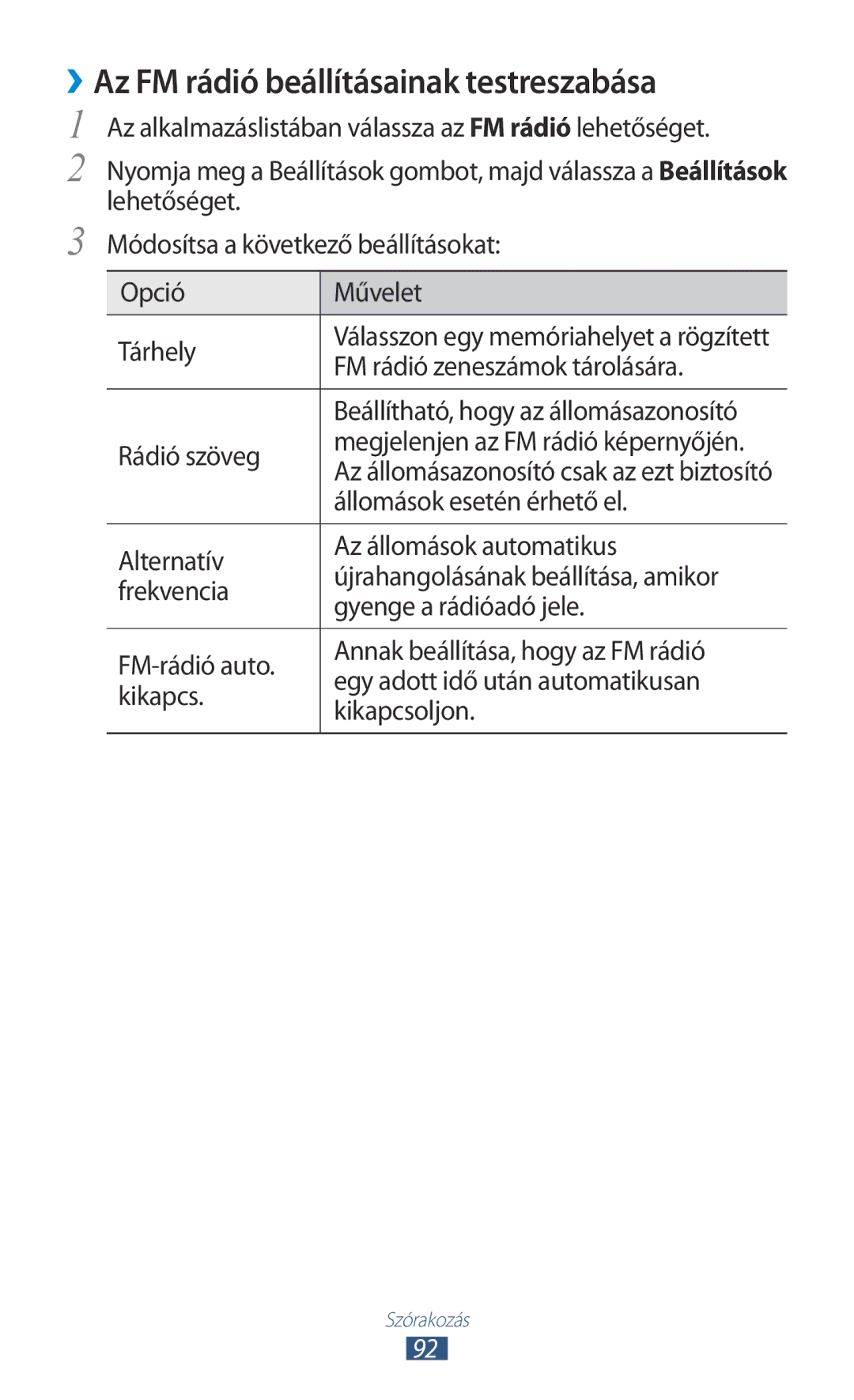 Samsung GT2I9300OKEXEH manual ››Az FM rádió beállításainak testreszabása, FM rádió zeneszámok tárolására, Rádió szöveg 