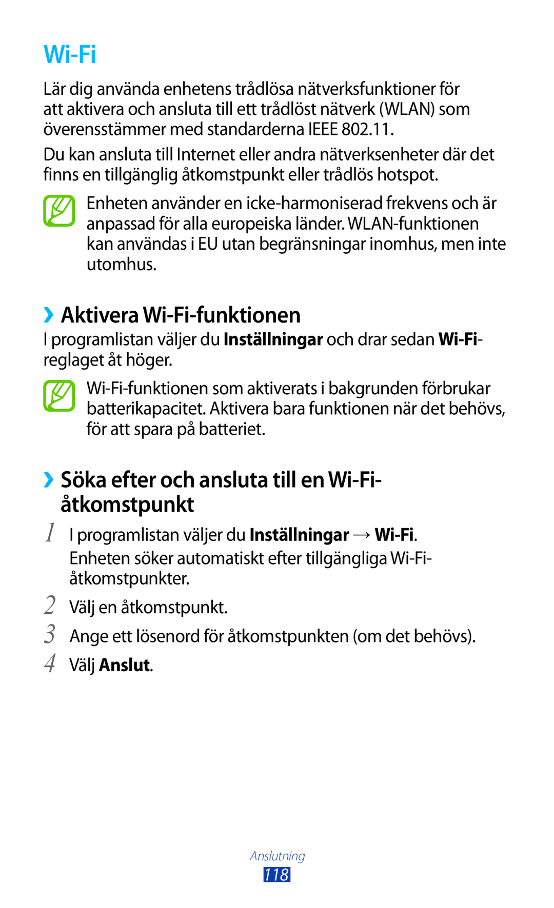 Samsung GT-I9300RWDHTD manual ››Aktivera Wi-Fi-funktionen, ››Söka efter och ansluta till en Wi-Fi- åtkomstpunkt, 118 