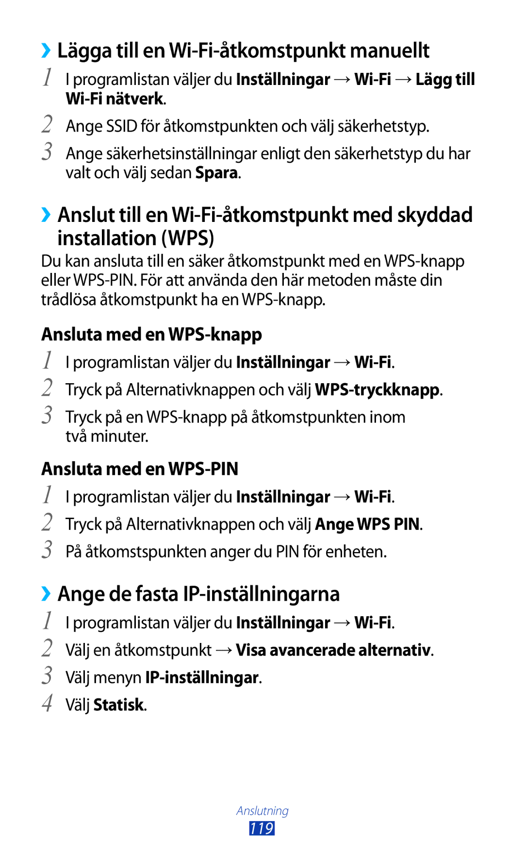 Samsung GT-I9300TADHTD manual ››Lägga till en Wi-Fi-åtkomstpunkt manuellt, ››Ange de fasta IP-inställningarna, 119 