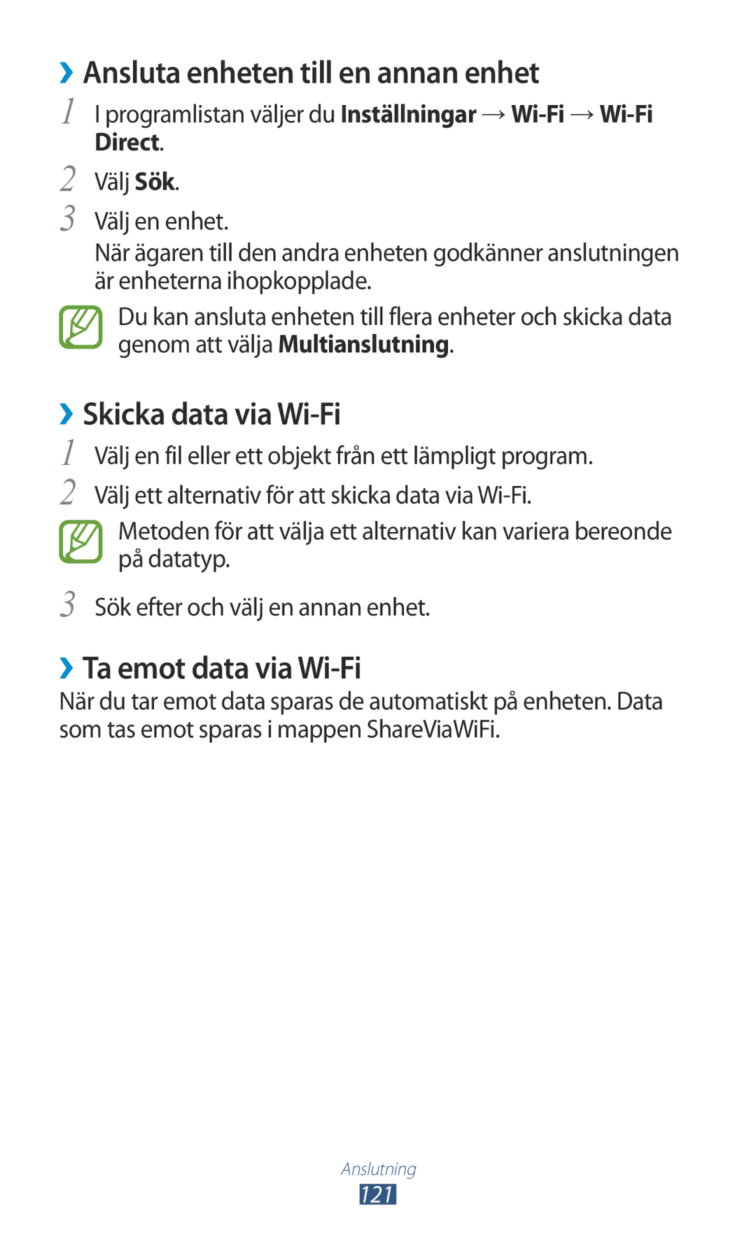 Samsung GT-I9300RWENEE manual ››Ansluta enheten till en annan enhet, ››Skicka data via Wi-Fi, ››Ta emot data via Wi-Fi, 121 