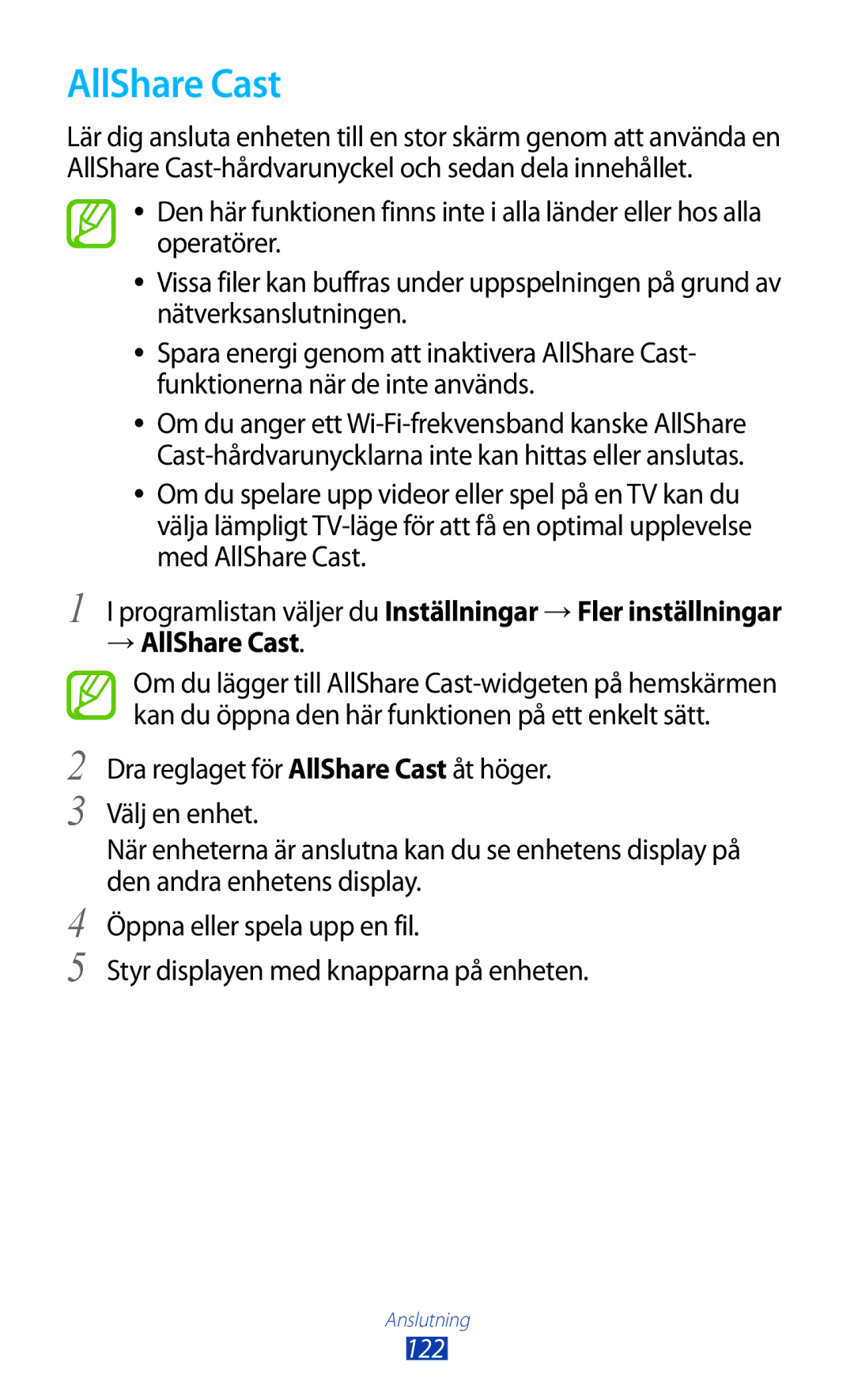 Samsung GT-I9300ZKDNEE, GT-I9300RWDNEE, GT-I9300GRDNEE, GT-I9300GRENEE, GT-I9300ZNDNEE manual → AllShare Cast, 122 